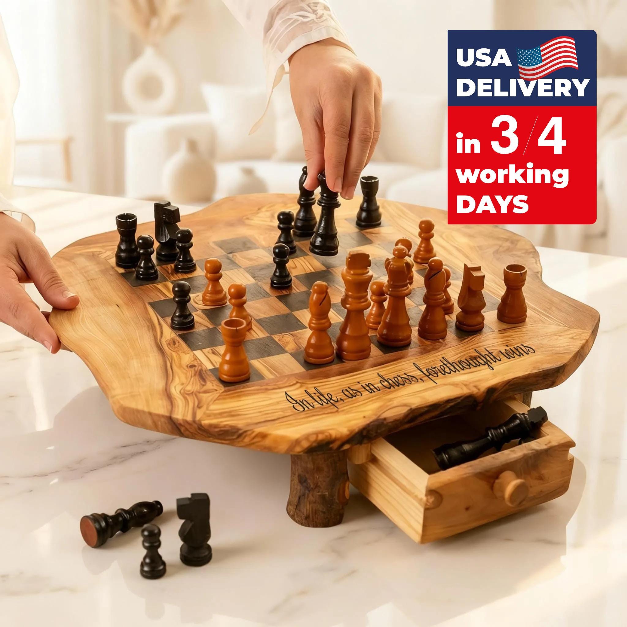 Handmade Olive Wood Chess Set with Storage +FREE Personalization