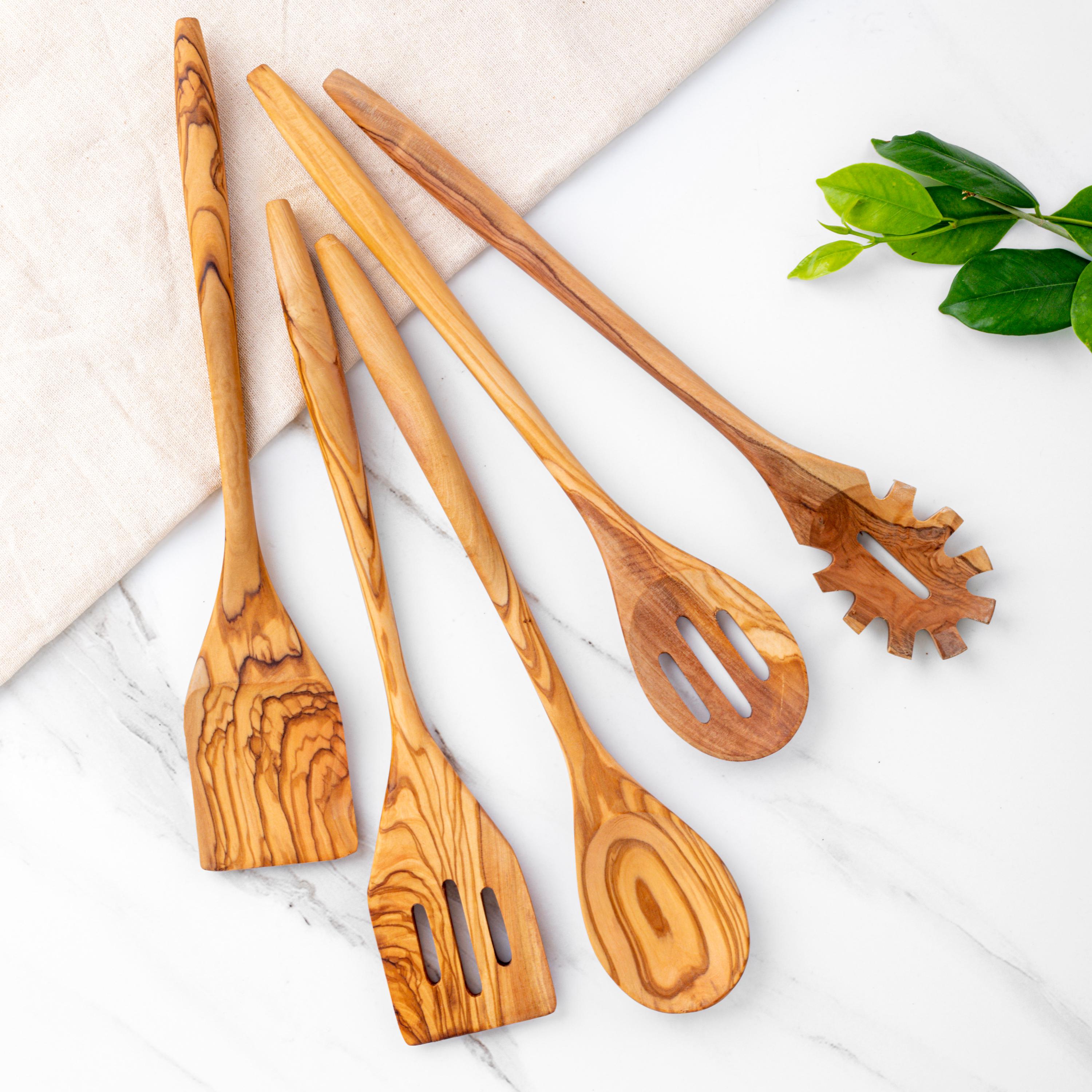 Handmade Olive Wood Utensil Set: 5 Wooden Kitchen Spoons & Spatulas